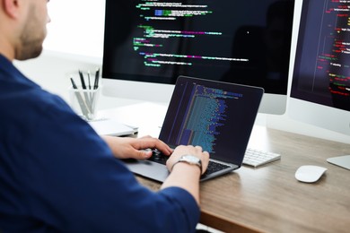 Photo of Programmer working with laptop at desk in office, closeup