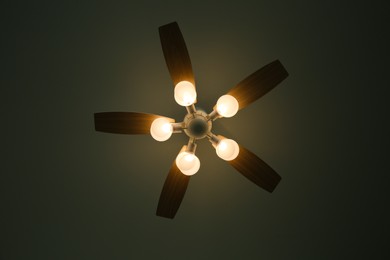 Photo of Modern ceiling fan with lamps, bottom view