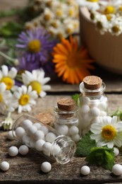 Homeopathic remedy. Many pills, bottles and chamomile flowers on wooden table, closeup