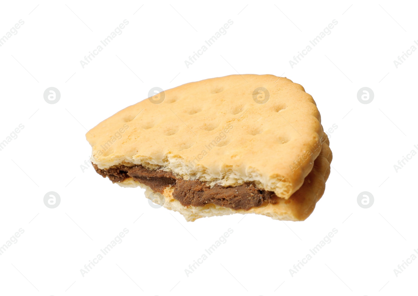 Photo of Piece of tasty sandwich cookie isolated on white