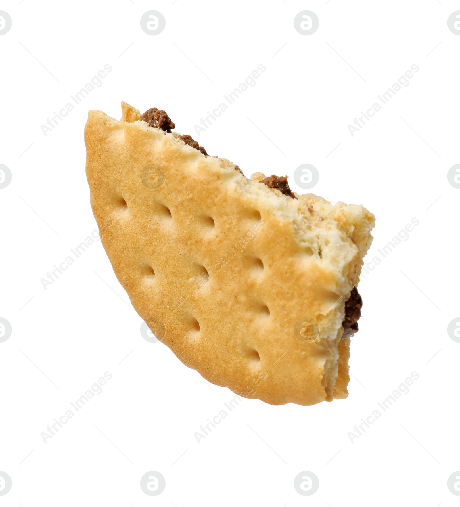 Photo of Piece of tasty sandwich cookie isolated on white