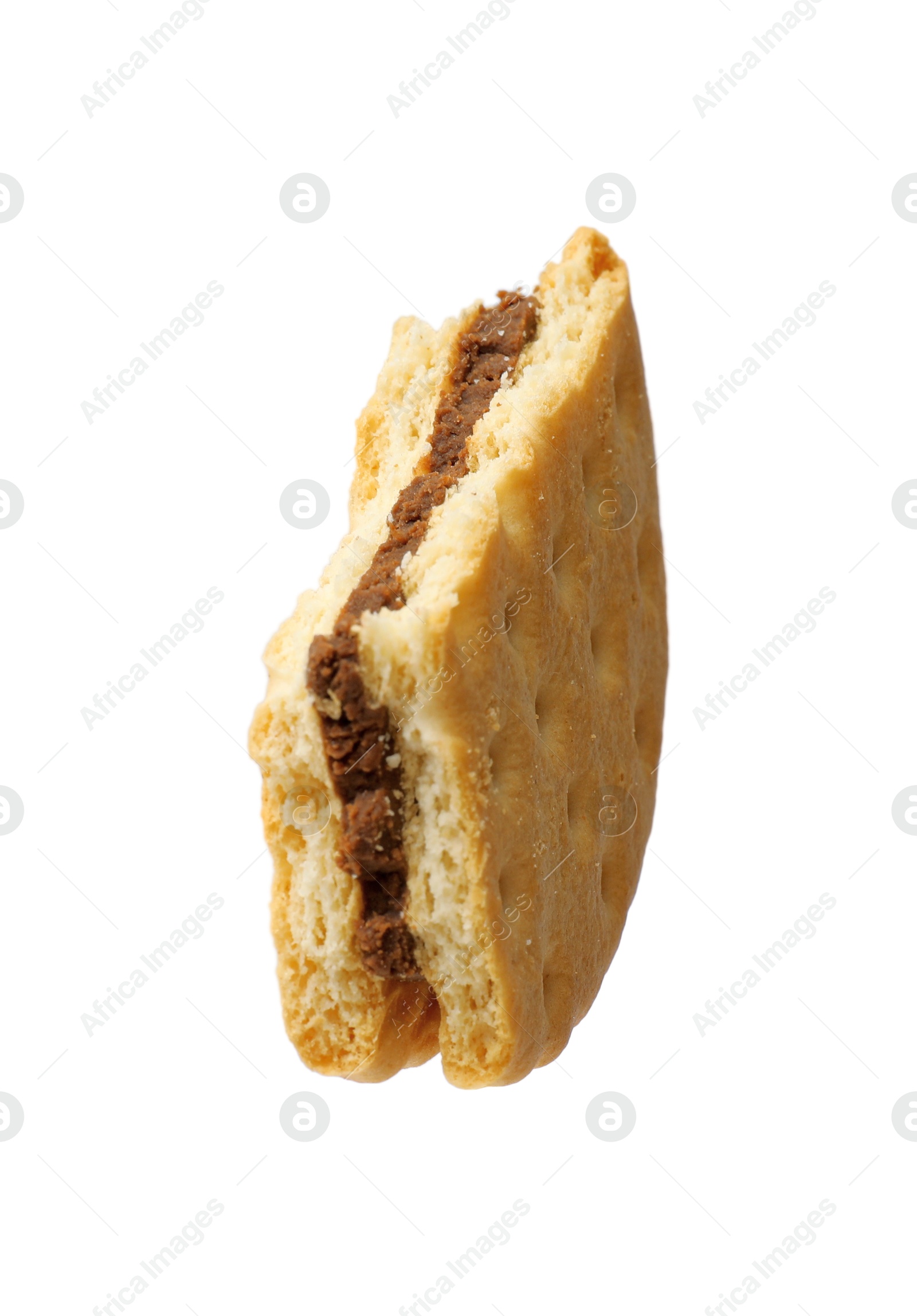 Piece of tasty sandwich cookie isolated on white Photo of Piece of tasty sandwich cookie isolated on white