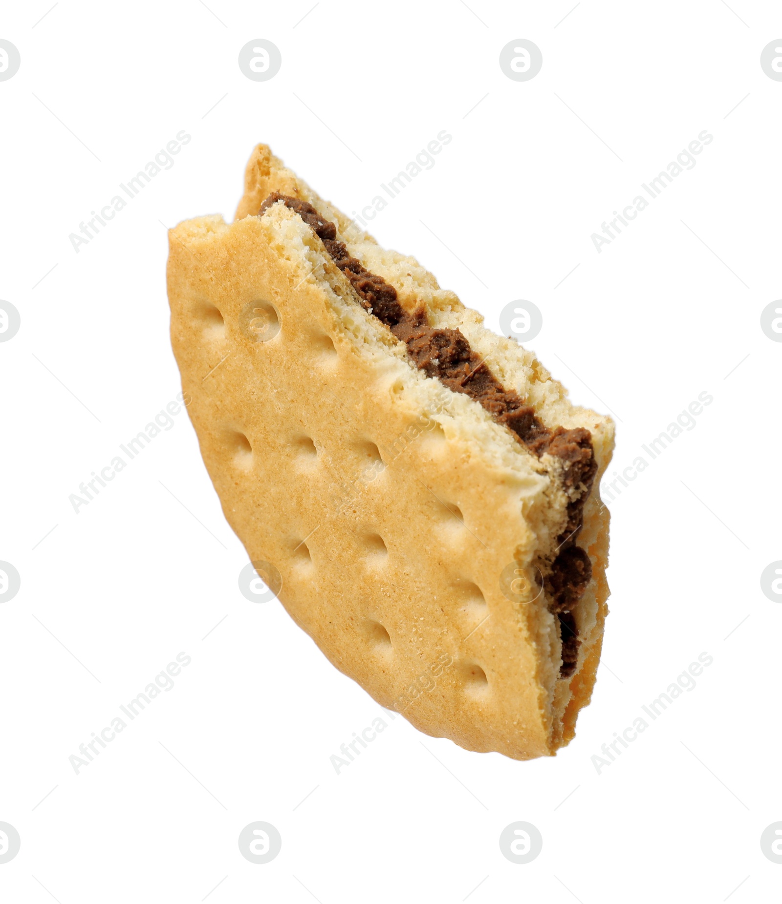 Piece of tasty sandwich cookie isolated on white Photo of Piece of tasty sandwich cookie isolated on white