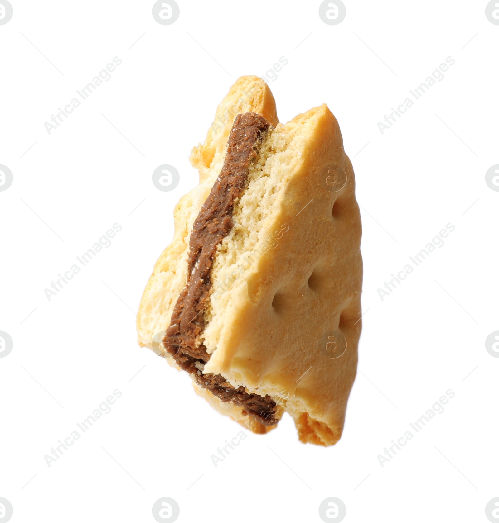 Photo of Piece of tasty sandwich cookie isolated on white