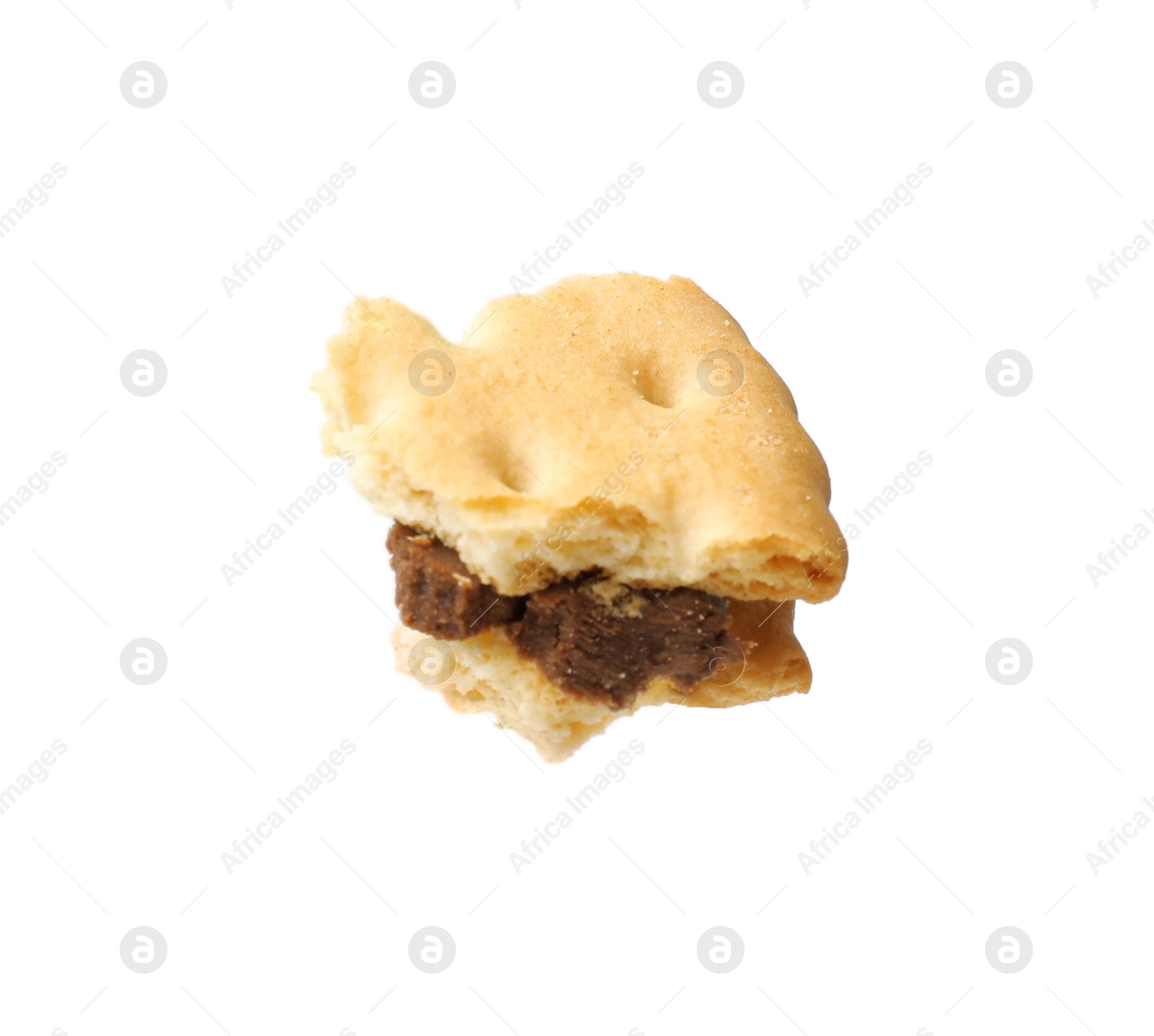 Piece of tasty sandwich cookie isolated on white Photo of Piece of tasty sandwich cookie isolated on white