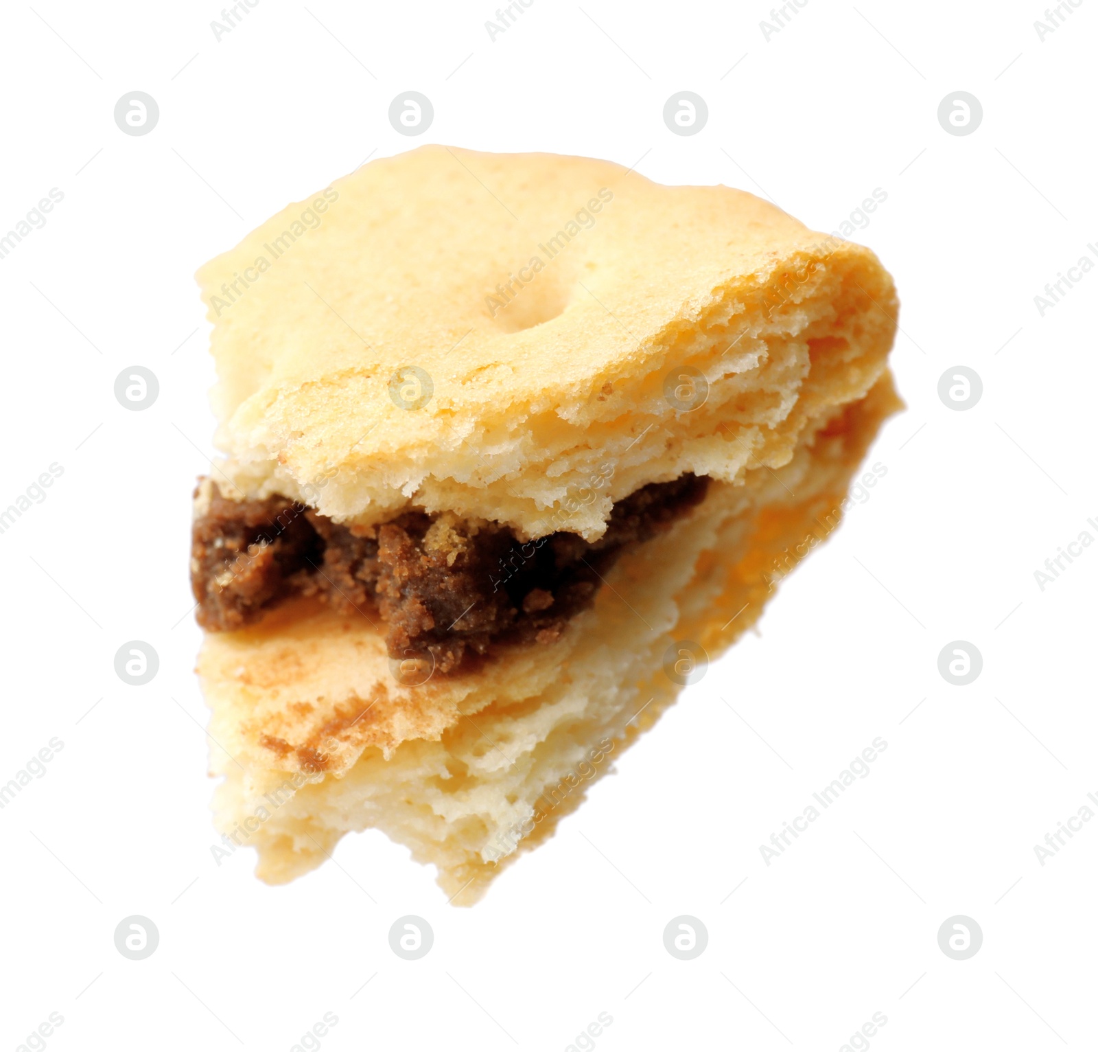 Photo of Piece of tasty sandwich cookie isolated on white