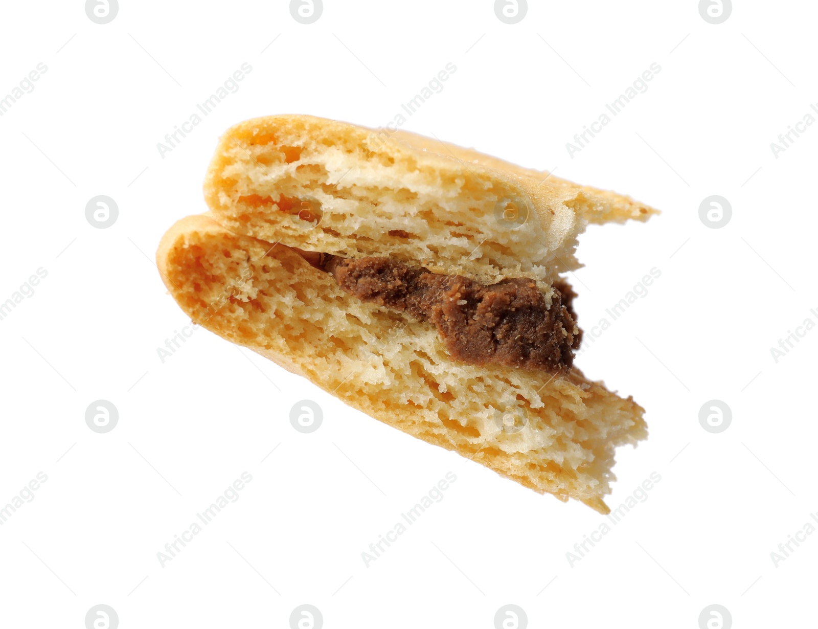 Piece of tasty sandwich cookie isolated on white Photo of Piece of tasty sandwich cookie isolated on white
