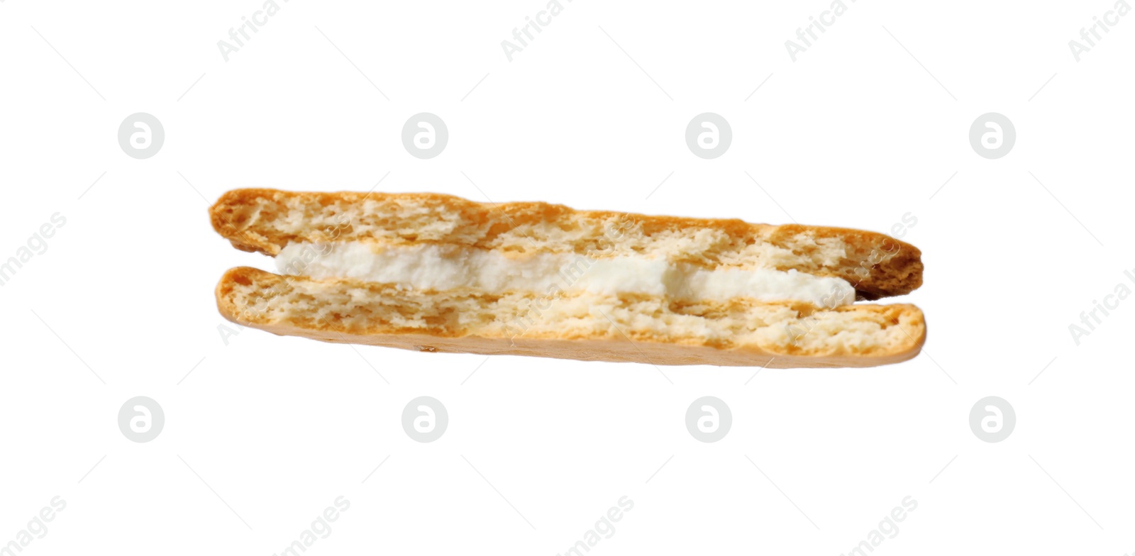 Photo of Piece of tasty sandwich cookie isolated on white