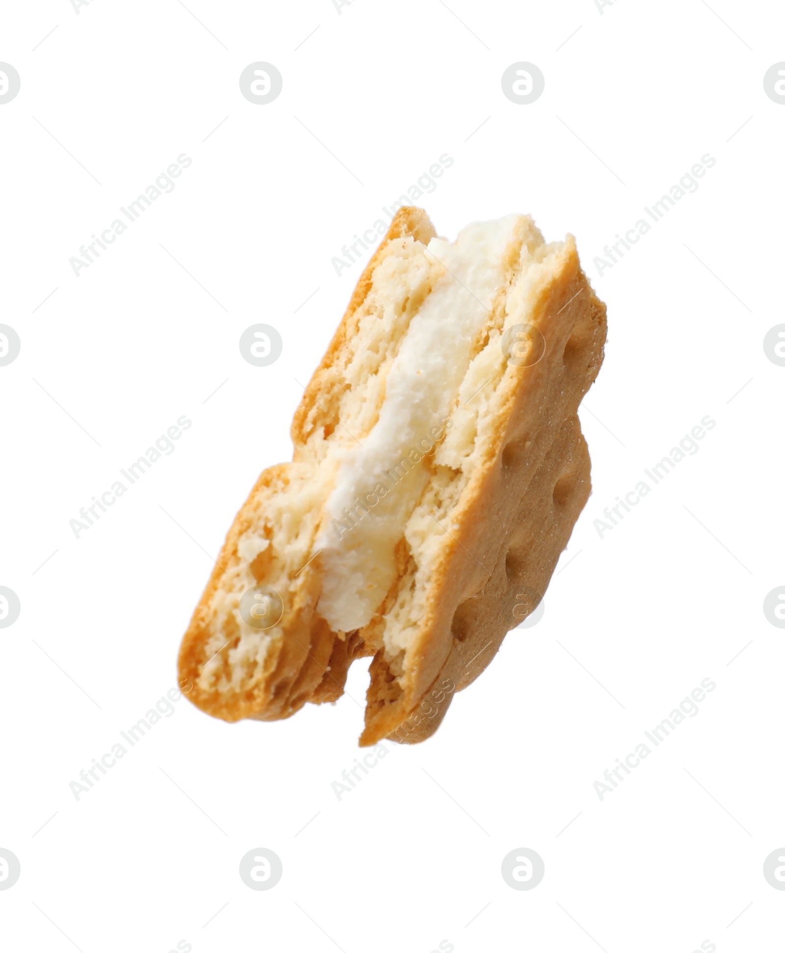 Photo of Piece of tasty sandwich cookie isolated on white