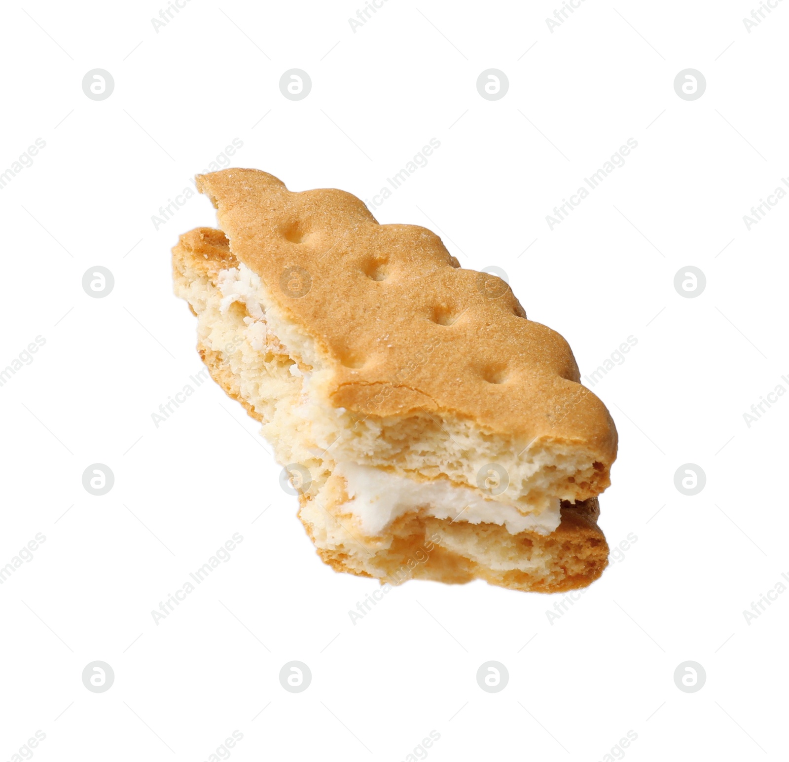 Photo of Piece of tasty sandwich cookie isolated on white