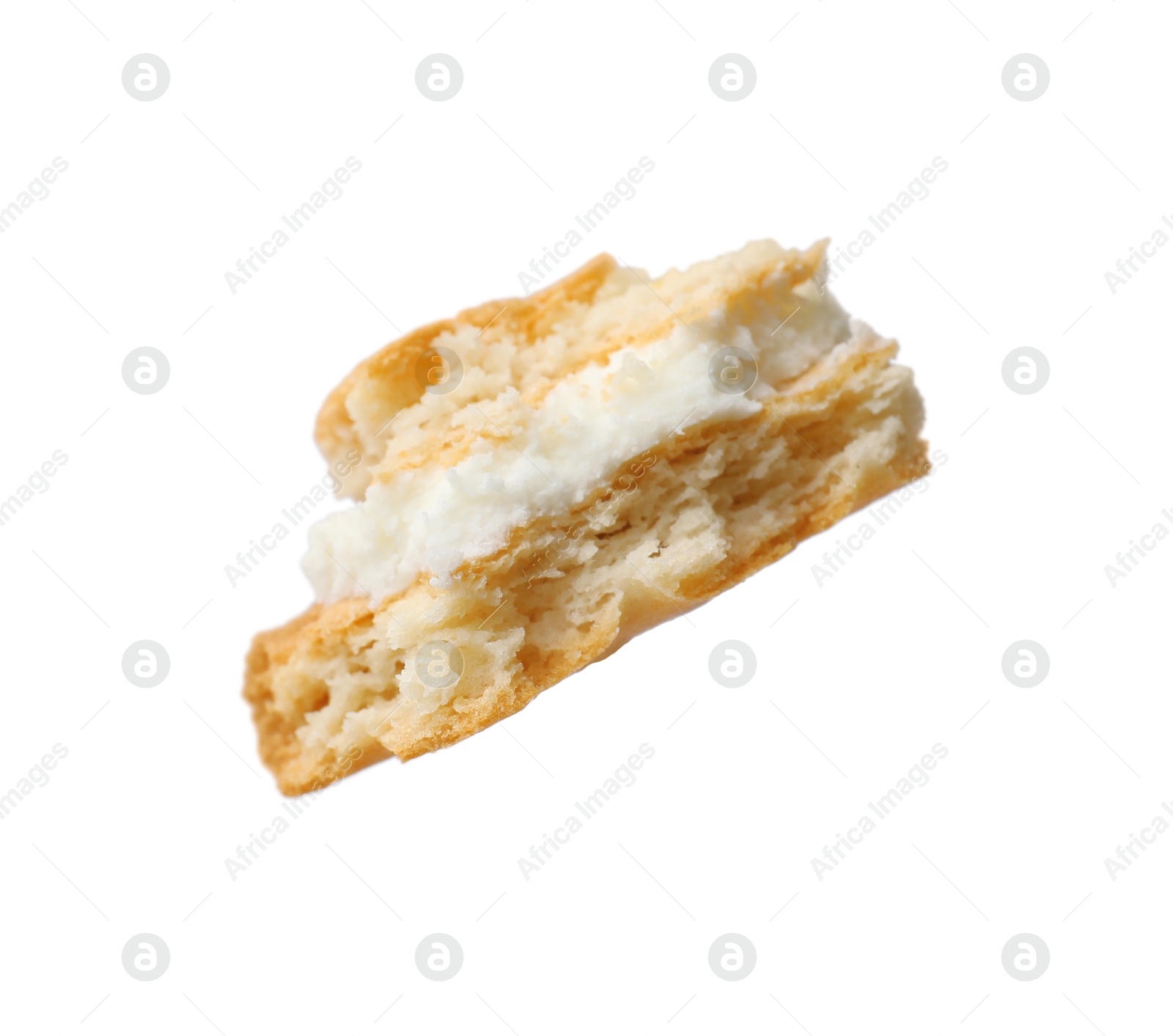 Photo of Piece of tasty sandwich cookie isolated on white