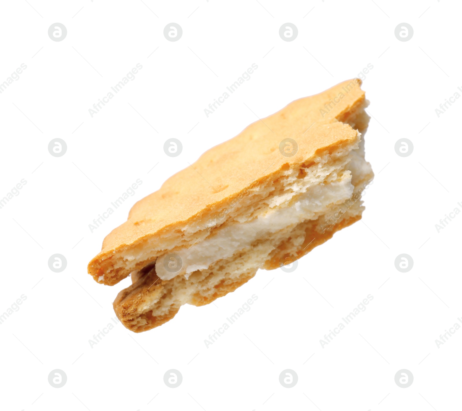 Photo of Piece of tasty sandwich cookie isolated on white