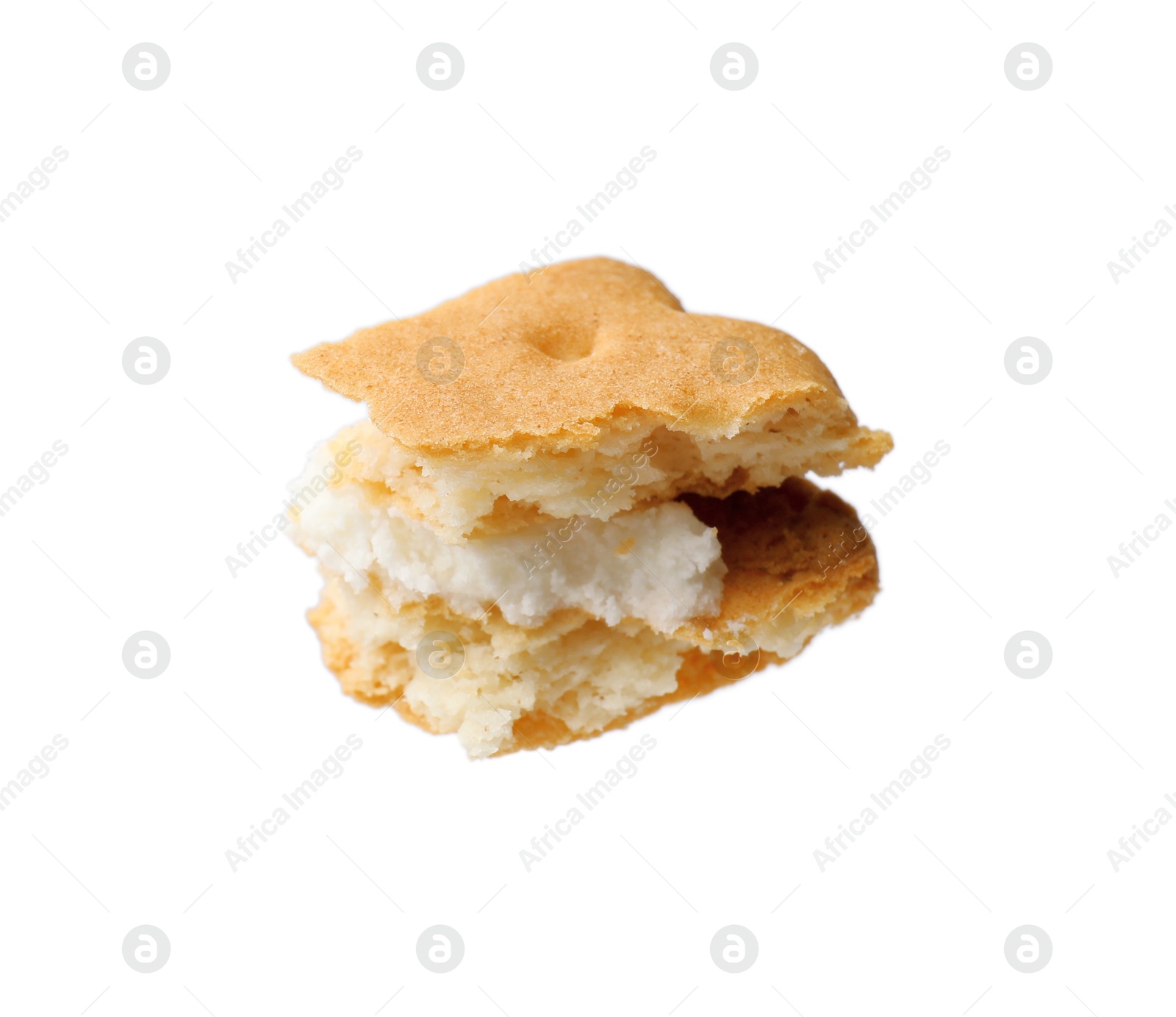 Photo of Piece of tasty sandwich cookie isolated on white