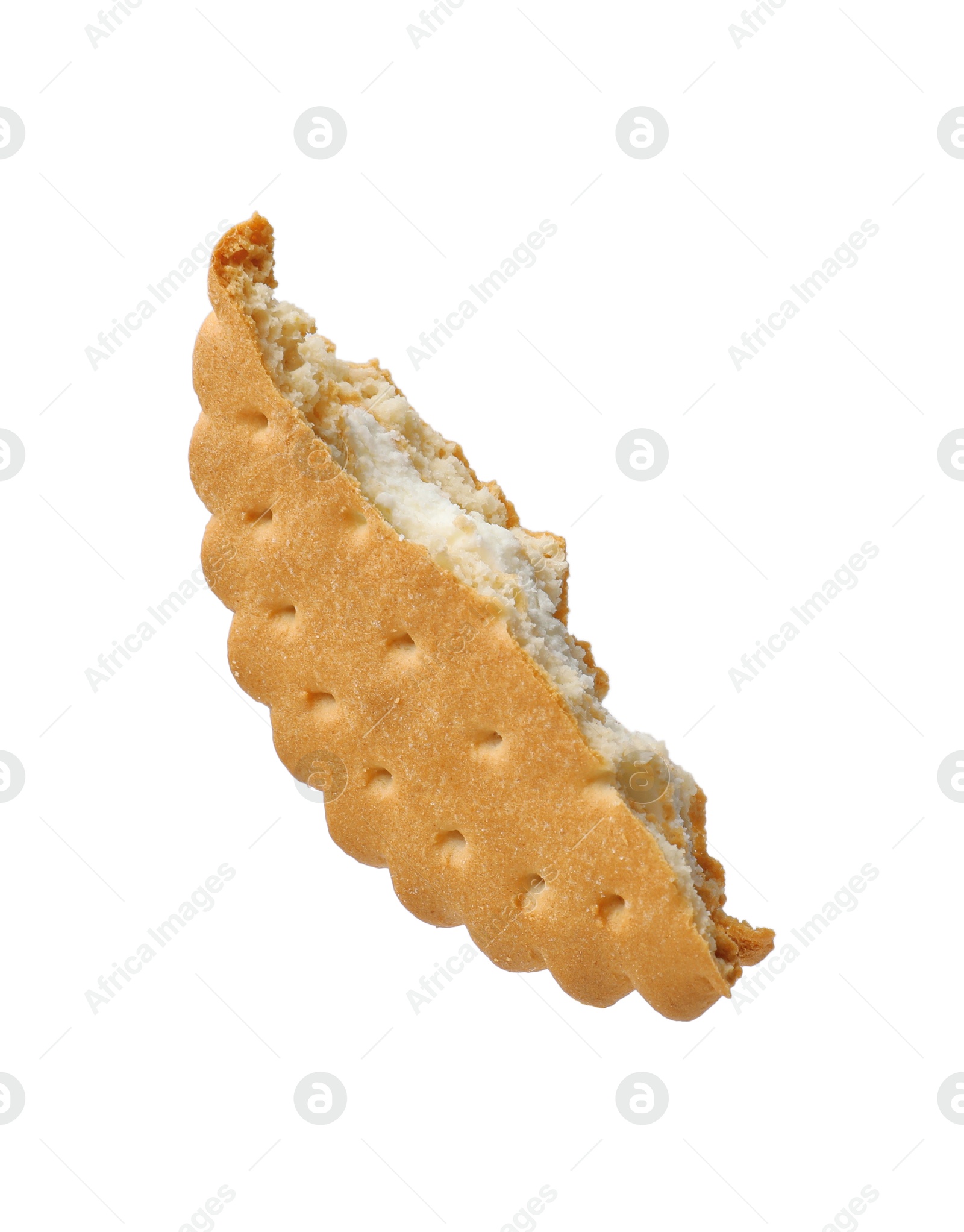 Photo of Piece of tasty sandwich cookie isolated on white