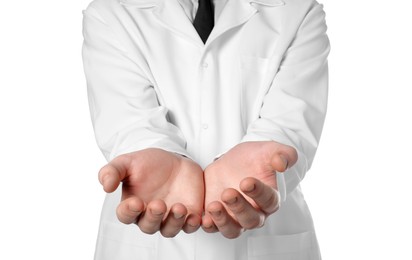 Doctor holding something on white background, closeup