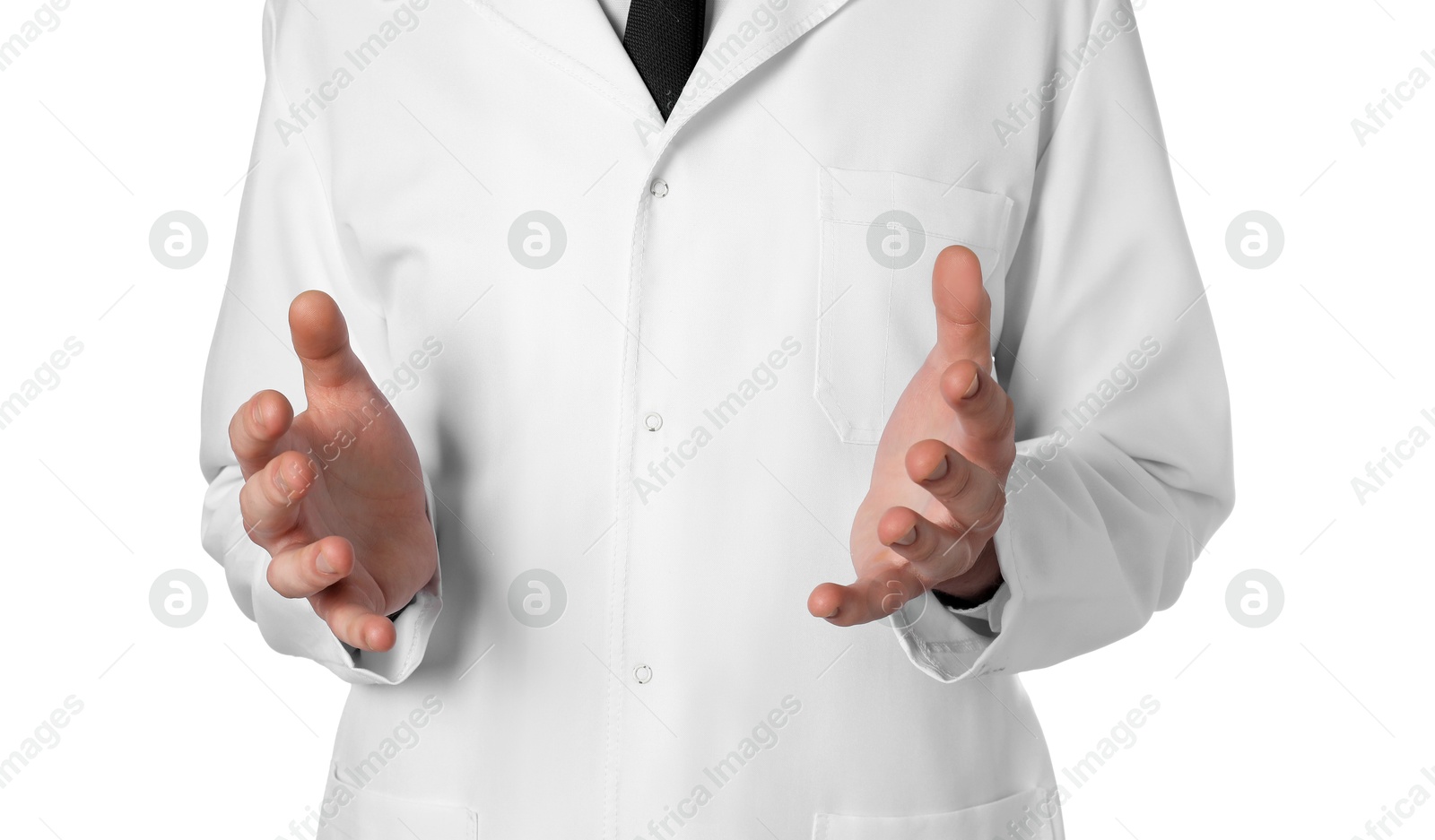 Photo of Doctor holding something on white background, closeup