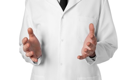 Photo of Doctor holding something on white background, closeup