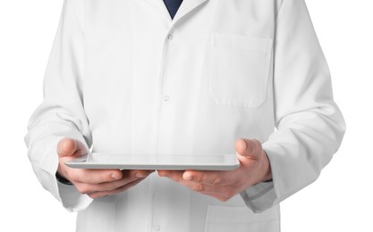 Doctor with tablet on white background, closeup