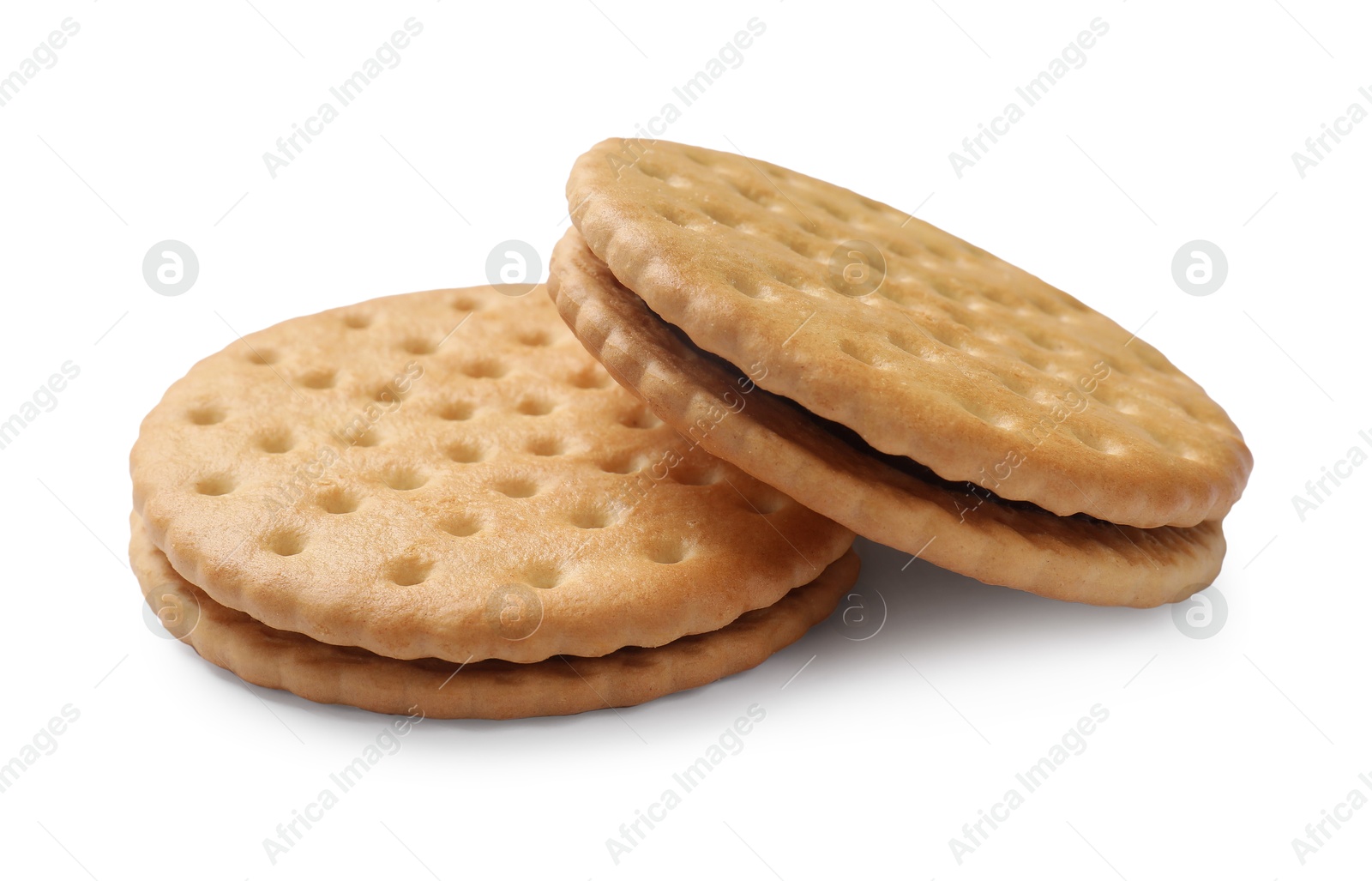 Photo of Fresh tasty sandwich cookies isolated on white