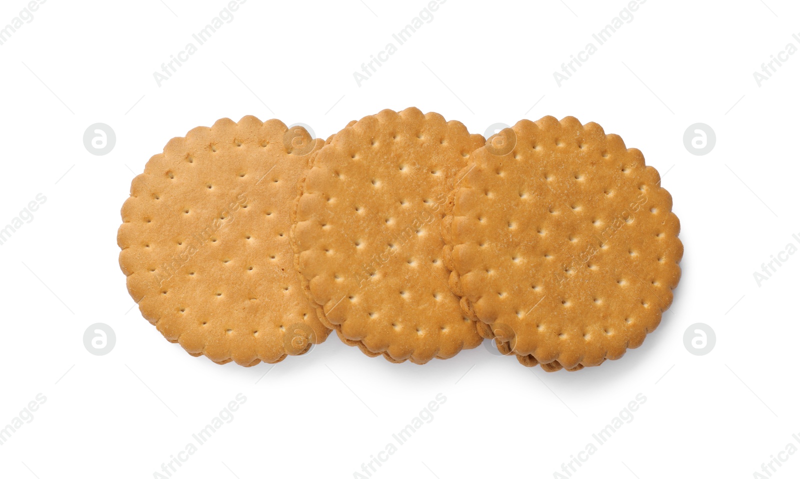 Photo of Tasty sandwich cookies isolated on white, top view