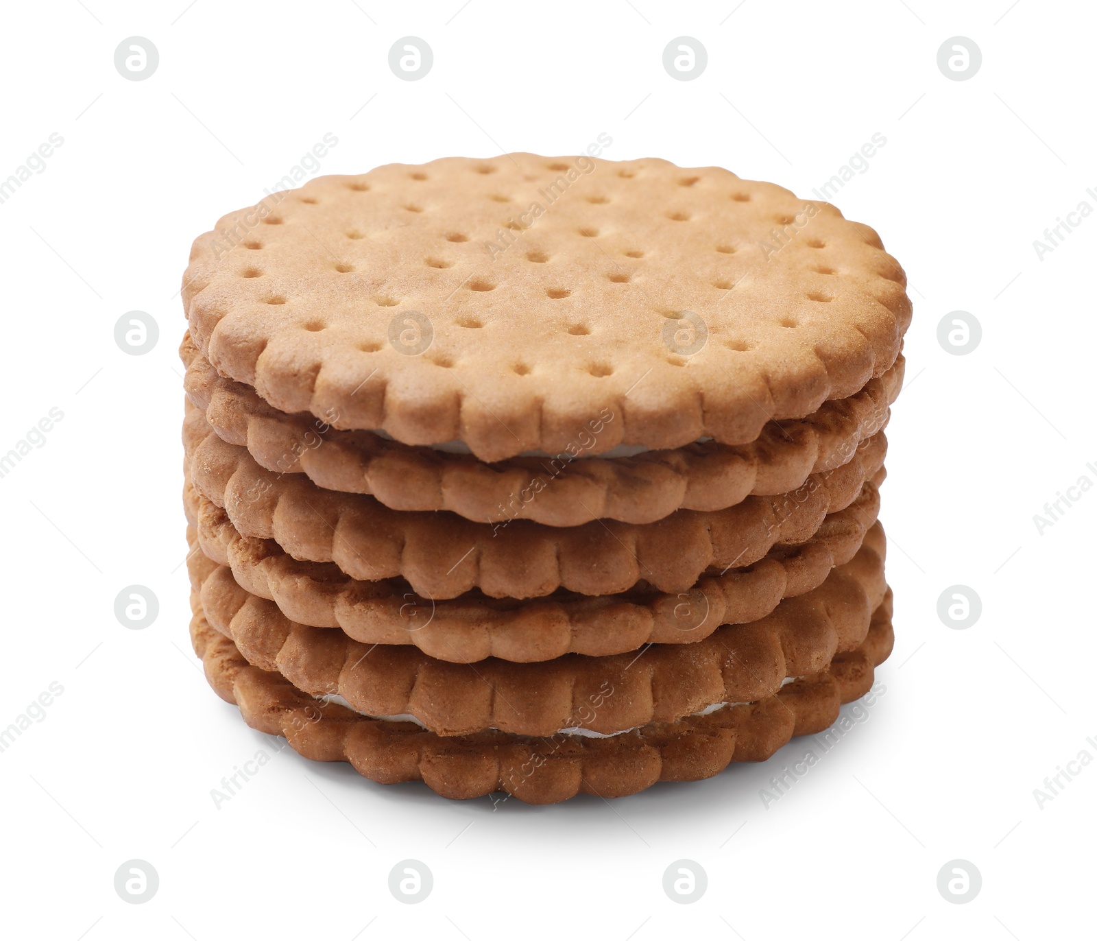 Photo of Stack of tasty sandwich cookies isolated on white