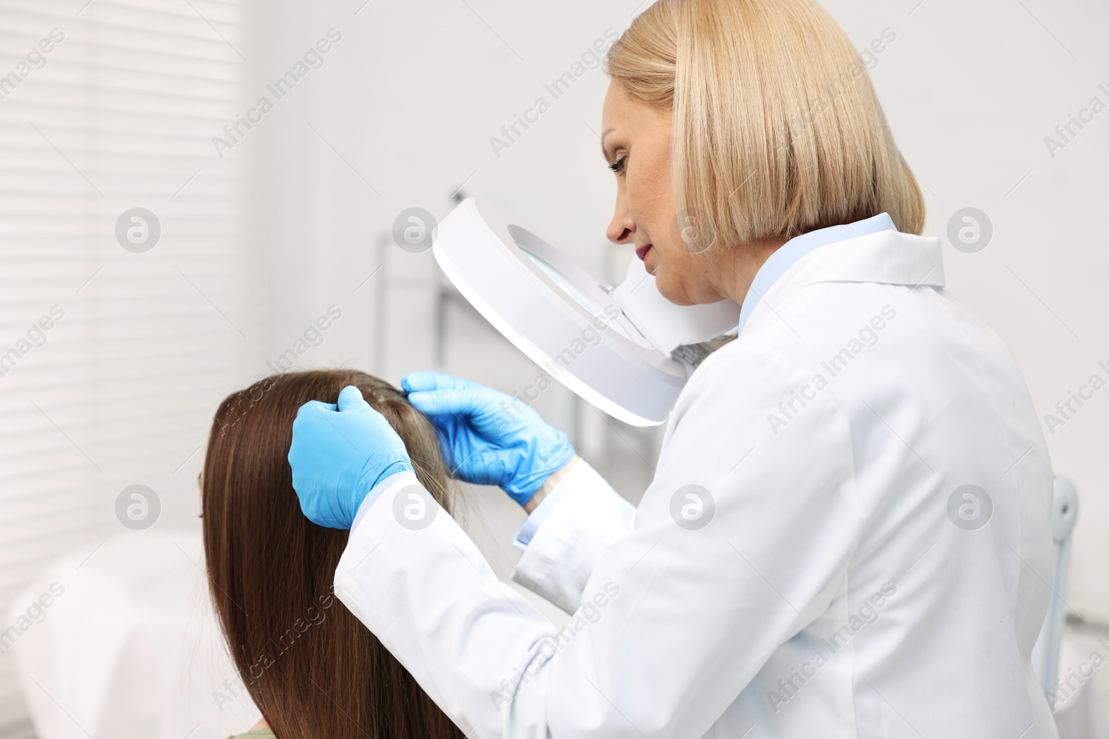 Photo of Trichologist examining patient`s hair under lamp in clinic