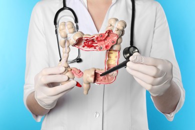 Doctor showing model of large intestine on light blue background, closeup