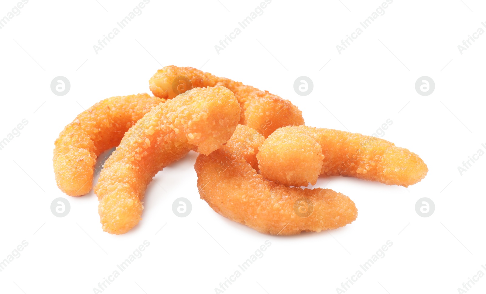 Photo of Tasty breaded fried shrimps isolated on white