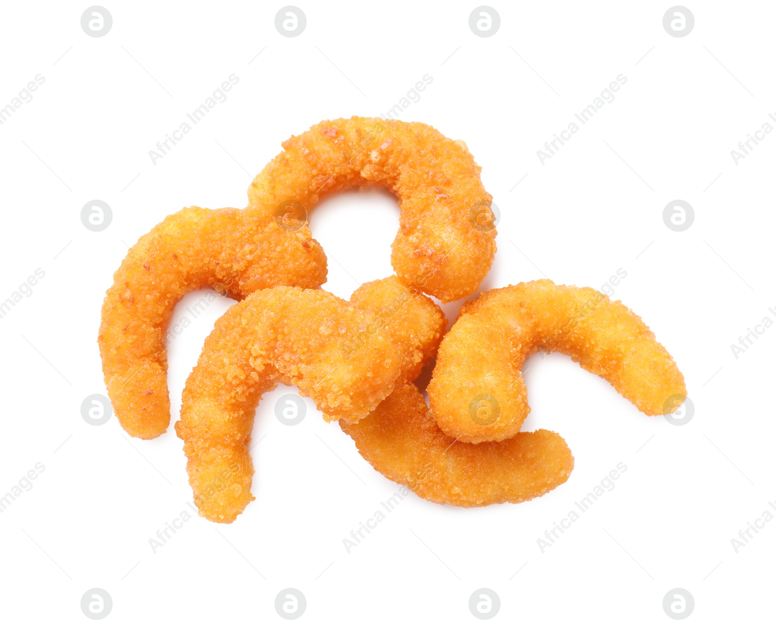 Photo of Tasty breaded fried shrimps isolated on white, top view