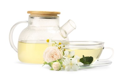 Aromatic herbal tea with different flowers and mint isolated on white