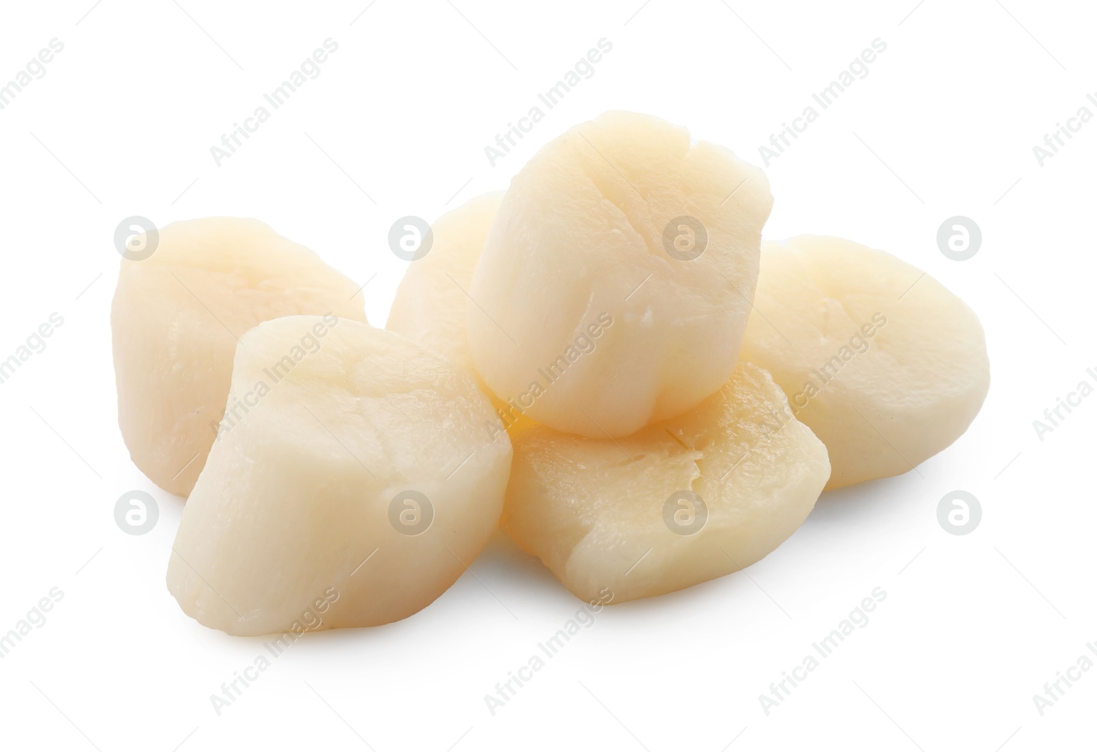 Photo of Pile of fresh raw scallops isolated on white