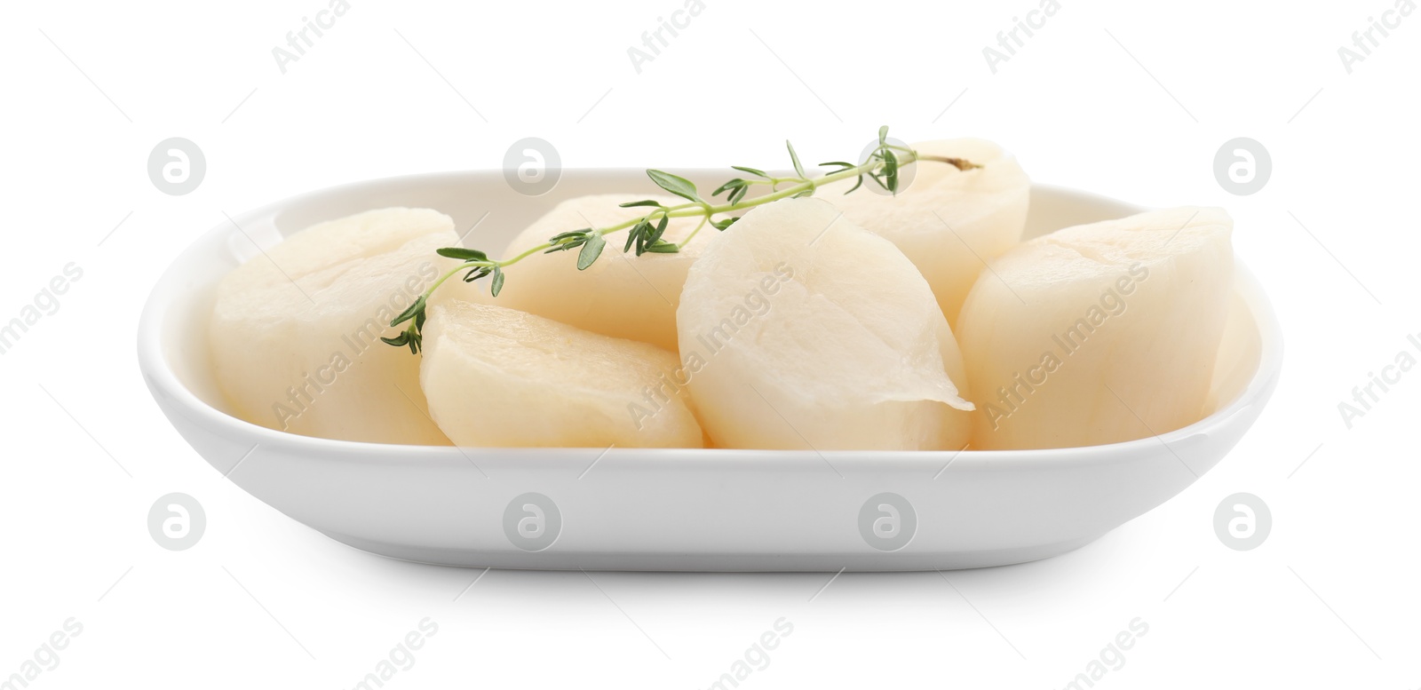 Photo of Fresh raw scallops and thyme isolated on white