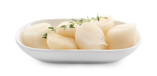 Photo of Fresh raw scallops and thyme isolated on white