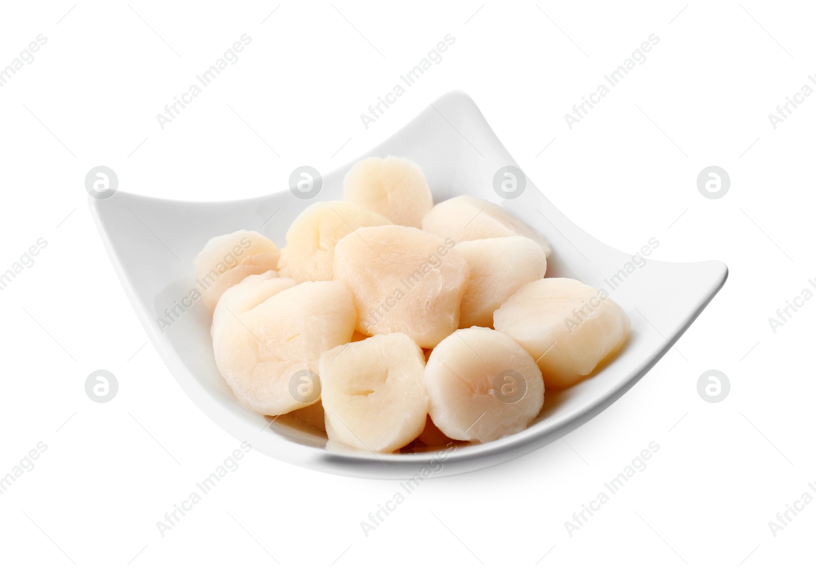 Photo of Fresh raw scallops in bowl isolated on white