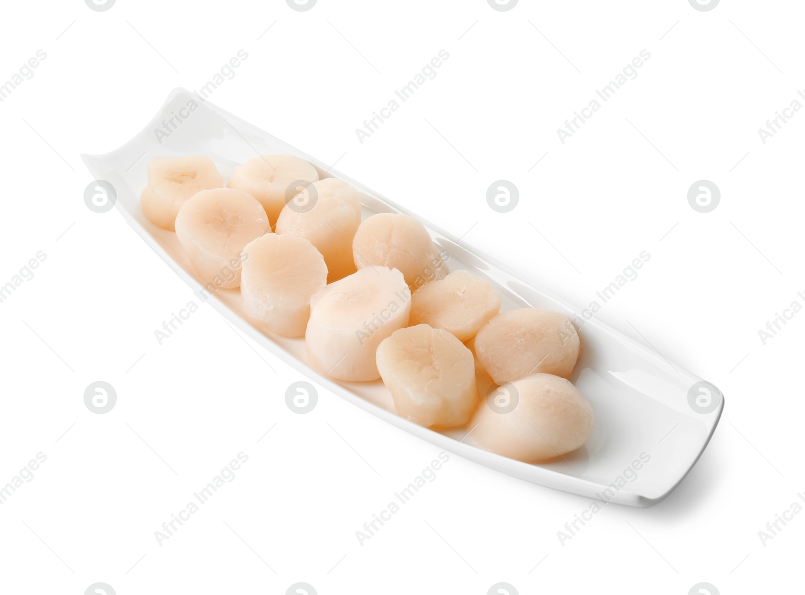 Photo of Plate with fresh raw scallops isolated on white