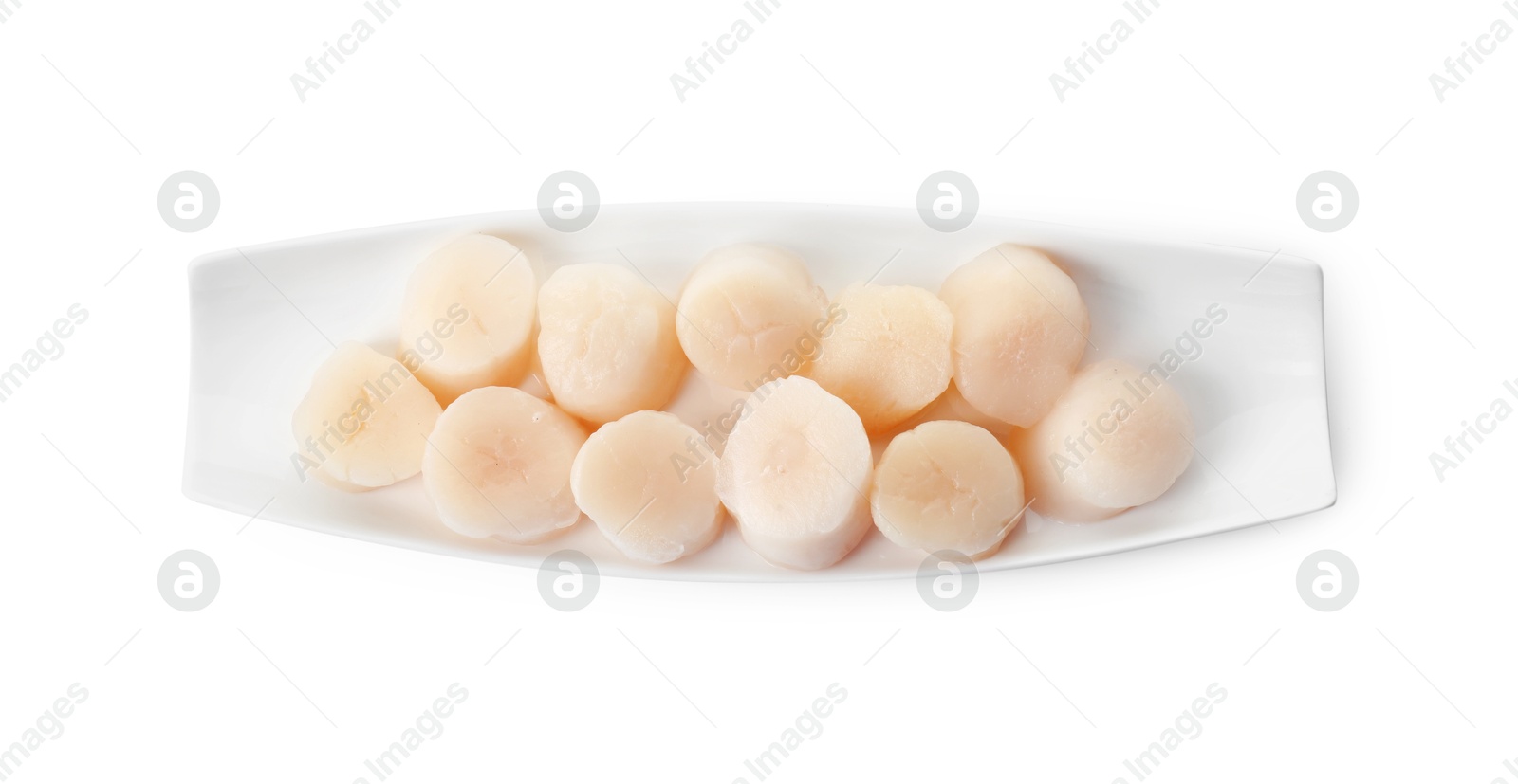 Photo of Fresh raw scallops isolated on white, top view