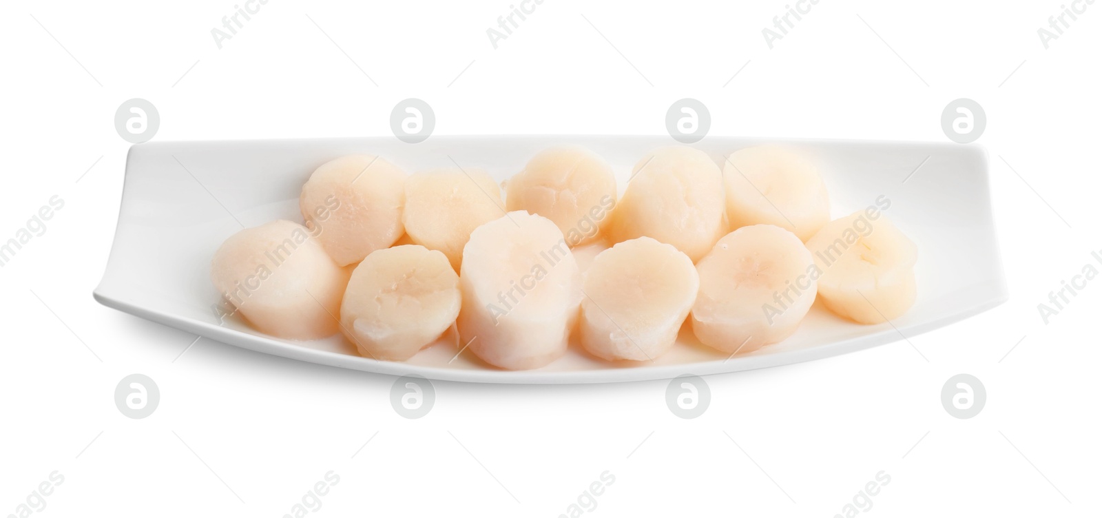 Photo of Plate with fresh raw scallops isolated on white