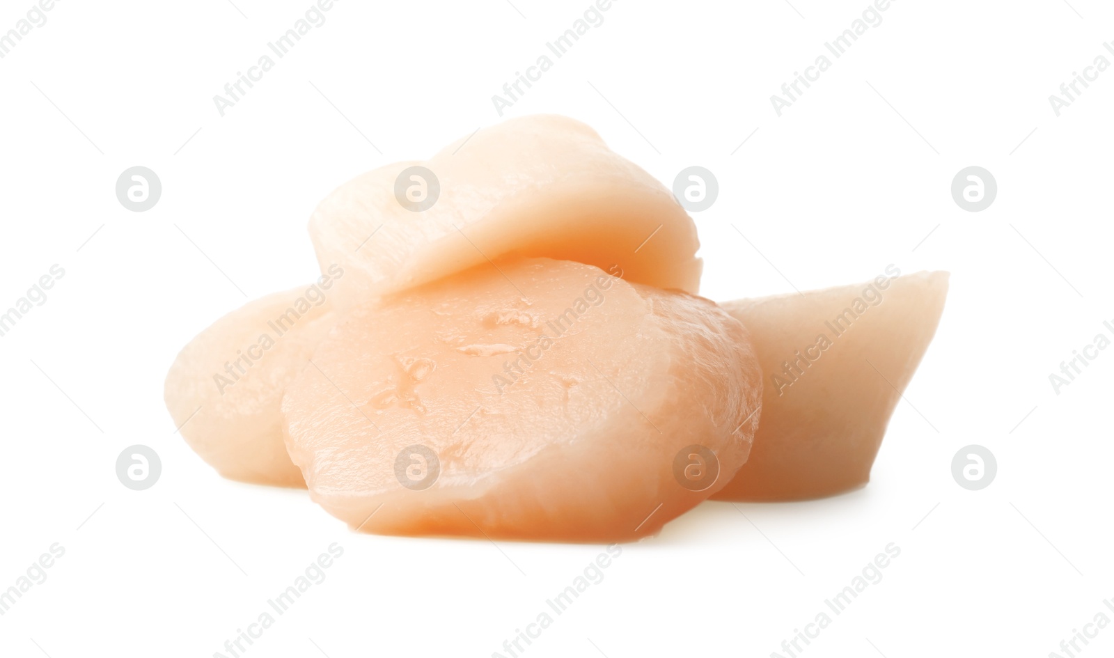 Photo of Pile of peeled raw scallops isolated on white