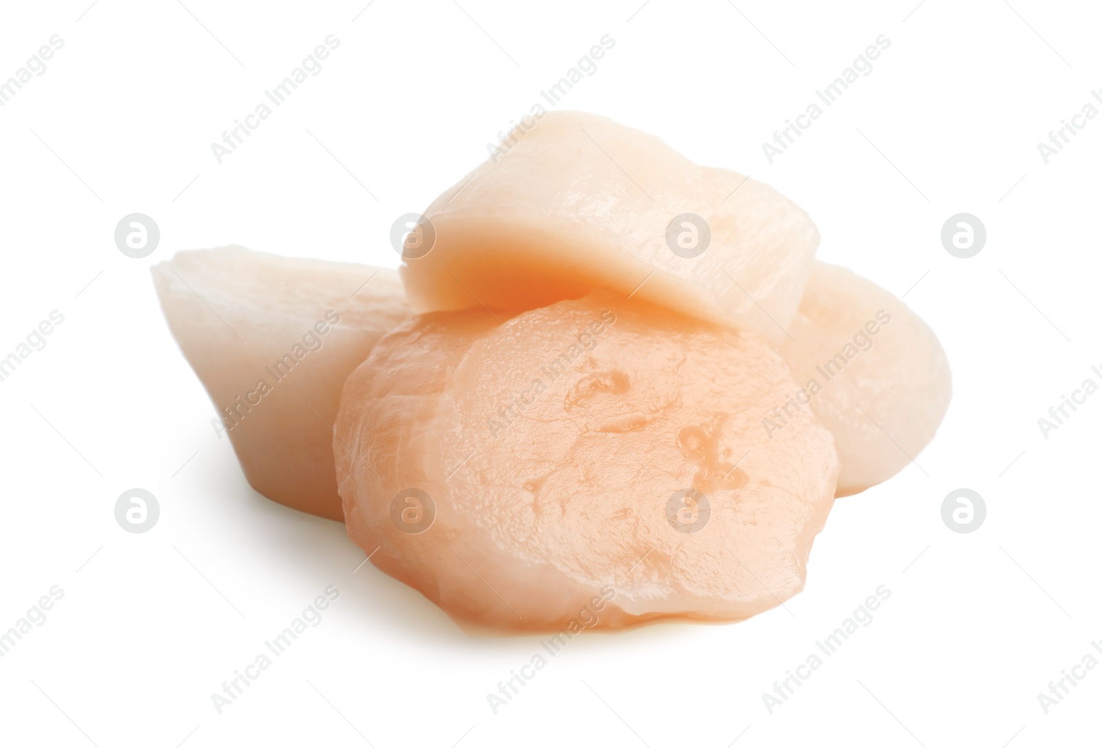 Photo of Pile of peeled raw scallops isolated on white