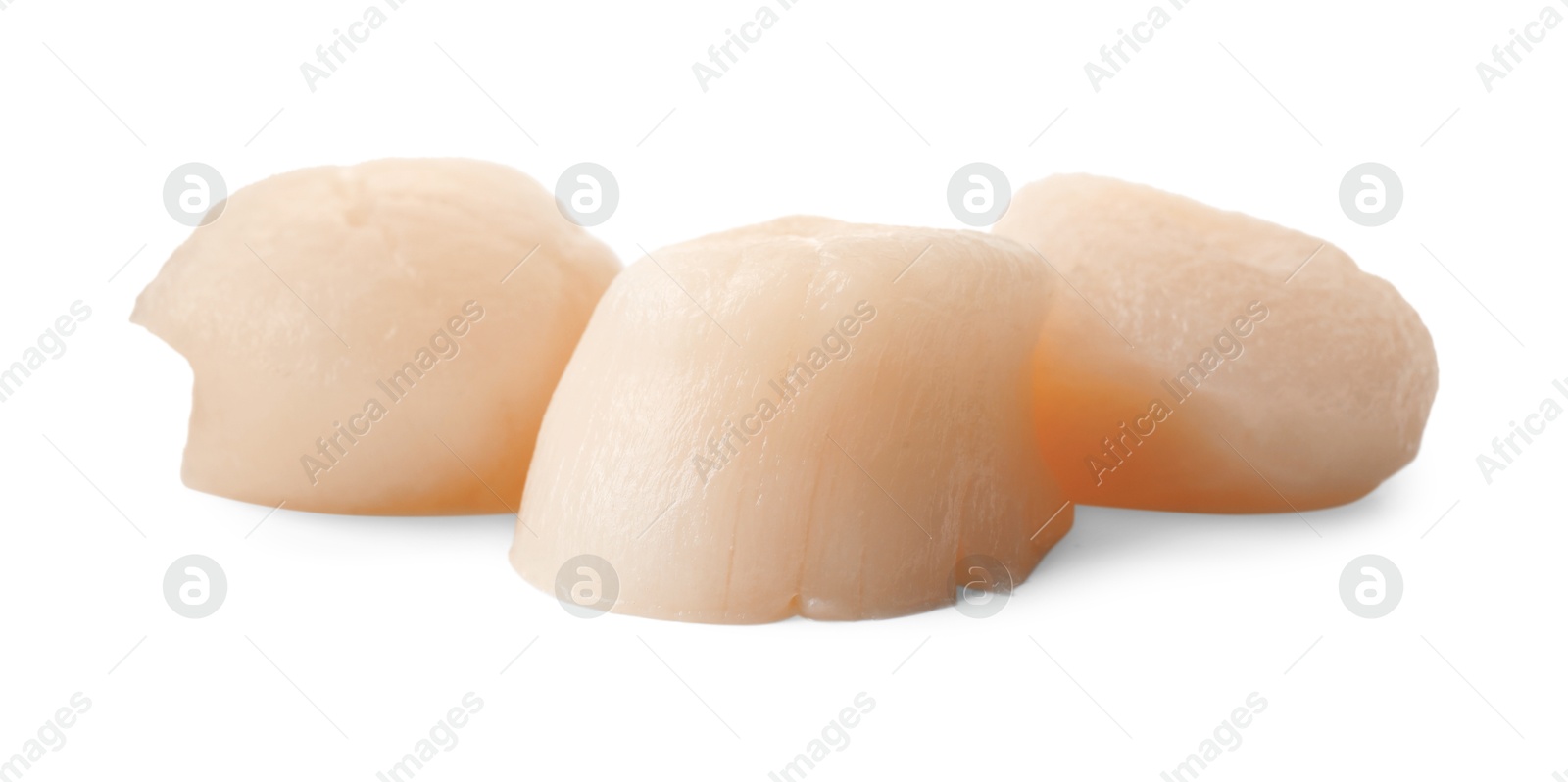 Photo of Pile of peeled raw scallops isolated on white