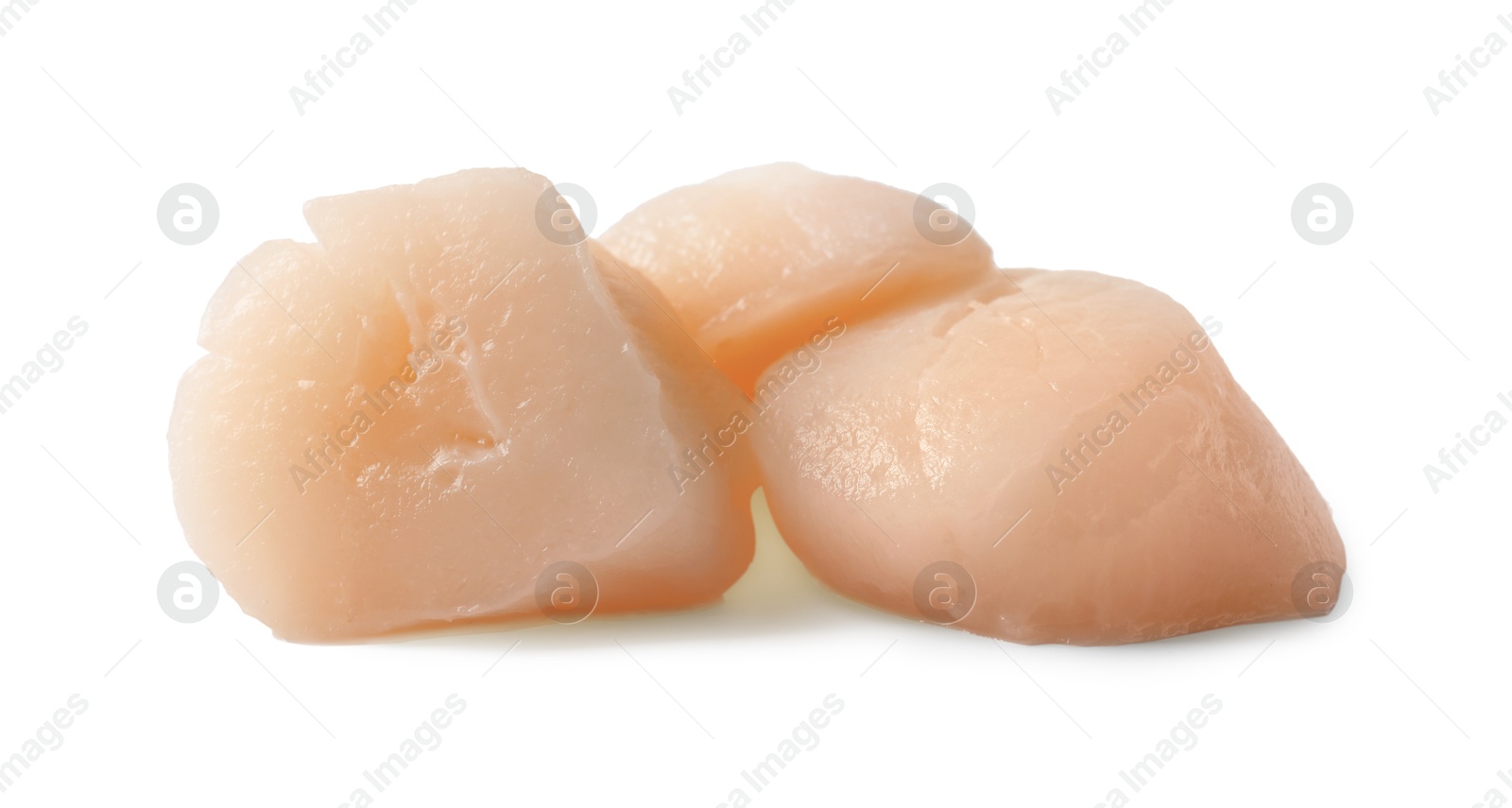 Photo of Pile of peeled raw scallops isolated on white