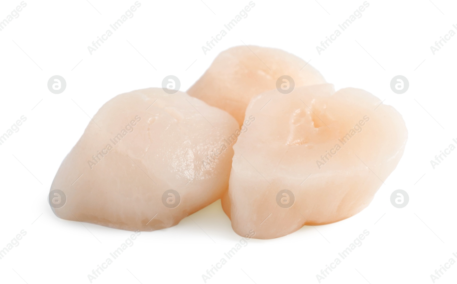 Photo of Pile of peeled raw scallops isolated on white