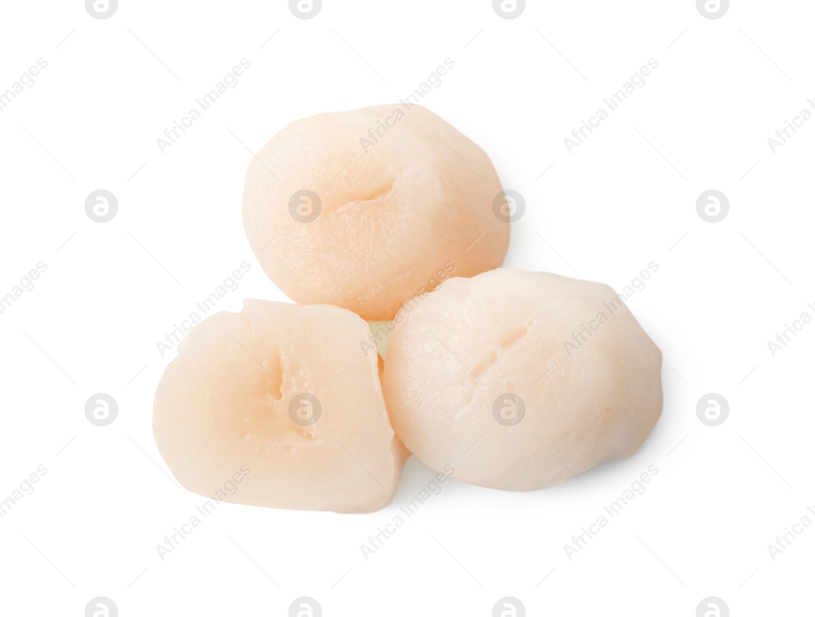 Photo of Fresh raw scallops isolated on white, top view