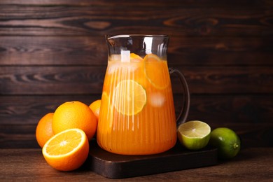 Photo of Freshly made lemonade in jug and citrus fruits on wooden table