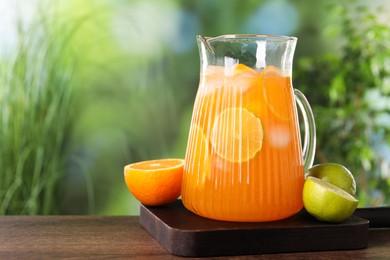 Photo of Freshly made lemonade in jug and citrus fruits on wooden table outdoors, space for text