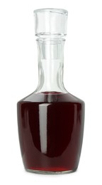 Photo of Bottle of delicious cherry liqueur isolated on white