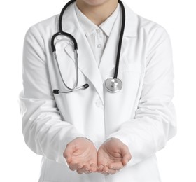 Doctor holding something on white background, closeup