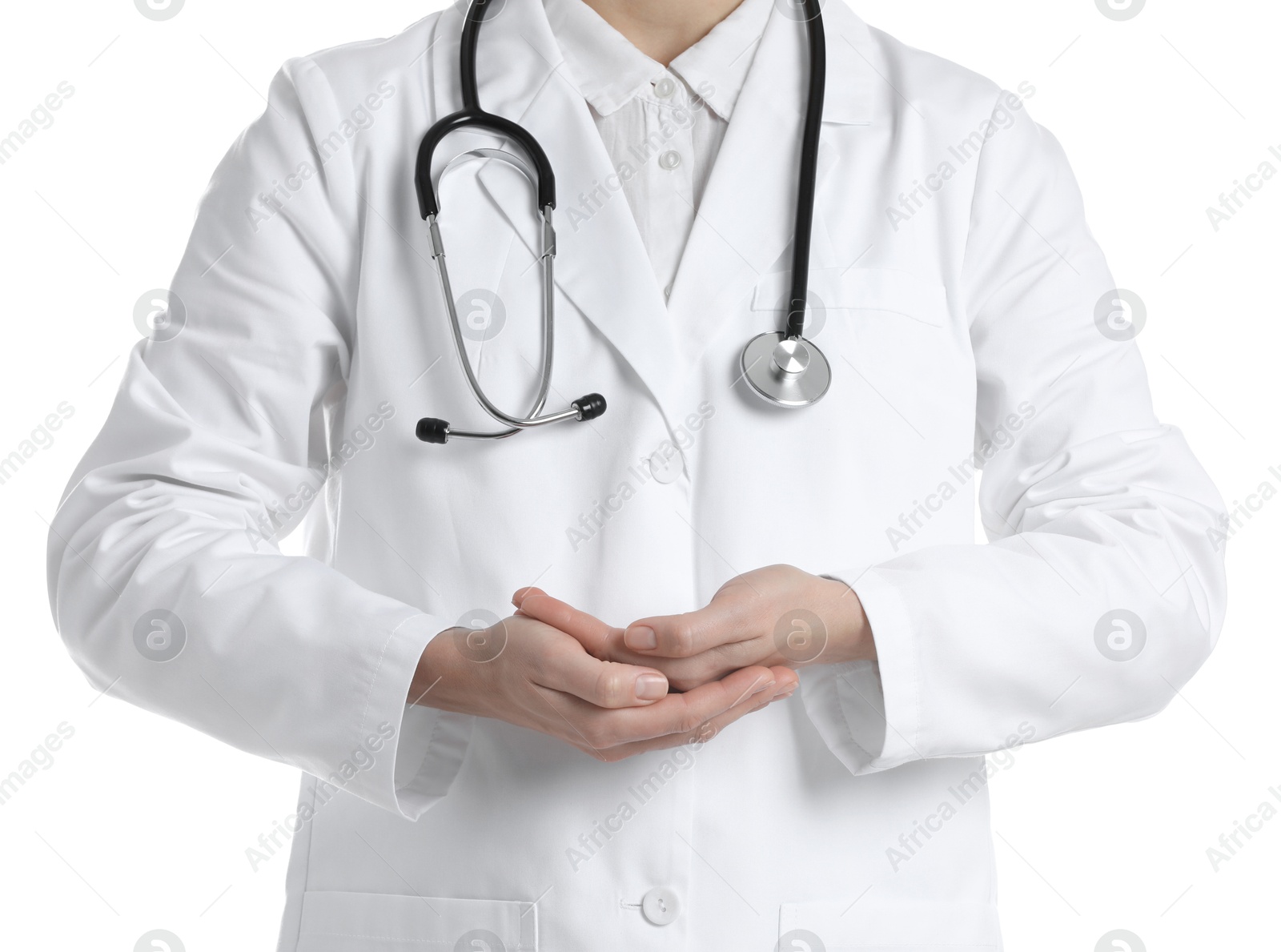 Photo of Doctor holding something on white background, closeup