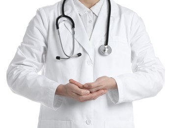 Doctor holding something on white background, closeup