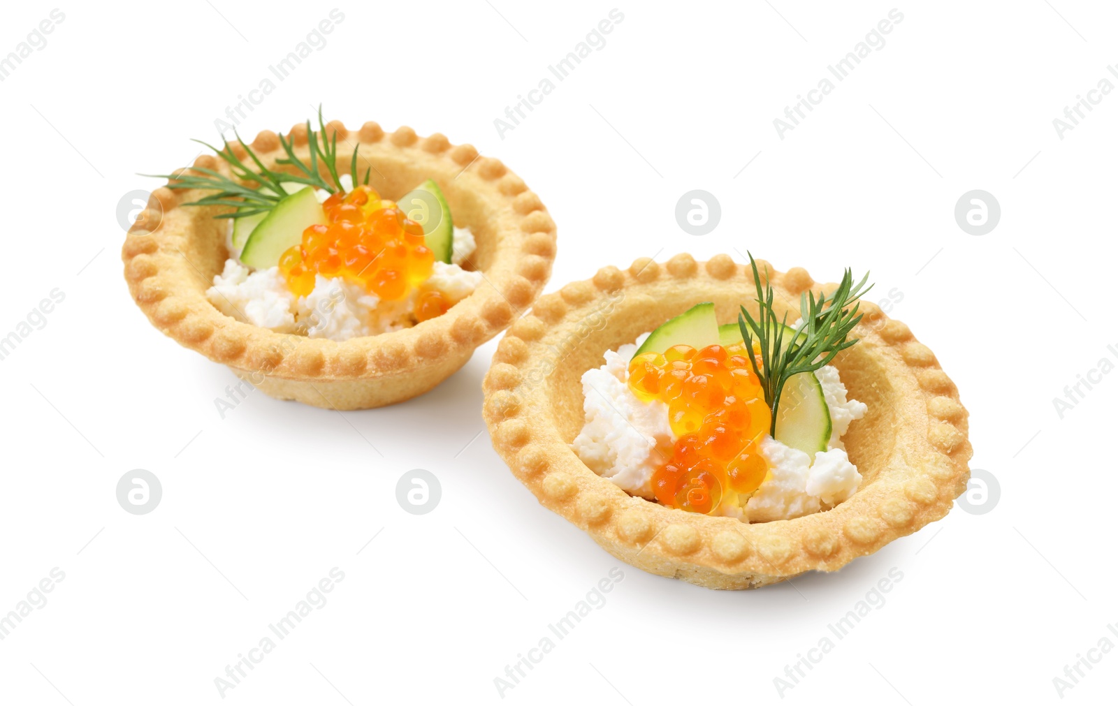 Photo of Delicious canapes with red caviar isolated on white